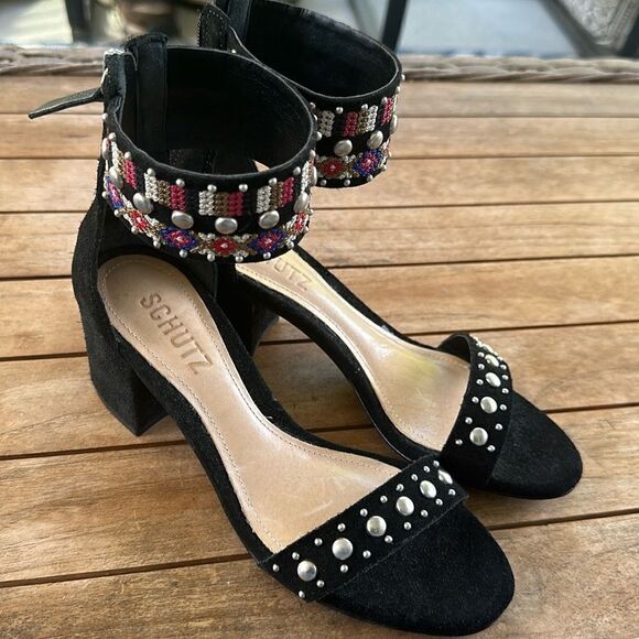 Schutz Womens Naharis Black Suede Bead Stud Embroidered Shoe 6.5 - Picture 1 of 8